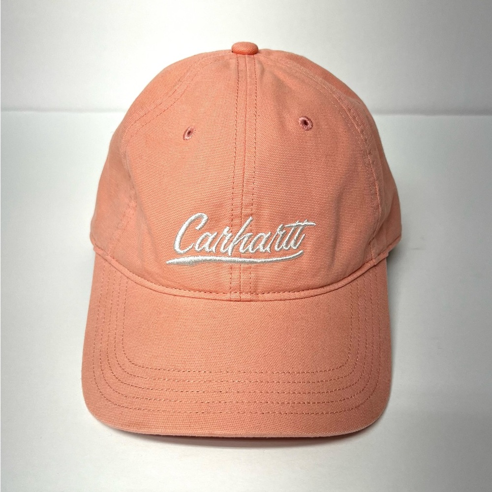 Carhartt script ball cap pink with white lettering adjustable with vent holes